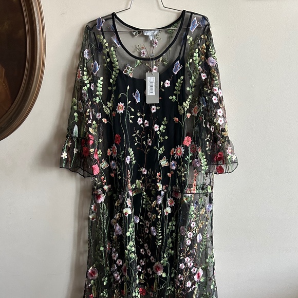 Hilary Radley for Katherine Barclay Black Floral Embroidered Mesh Dress — NWT - Picture 4 of 11